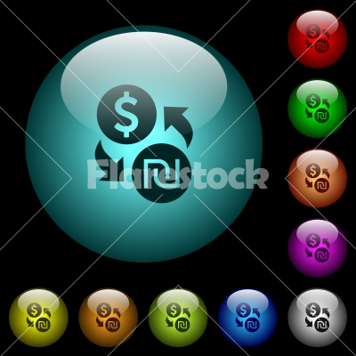 Dollar new Shekel money exchange icons in color illuminated glass buttons - Dollar new Shekel money exchange icons in color illuminated spherical glass buttons on black background. Can be used to black or dark templates
