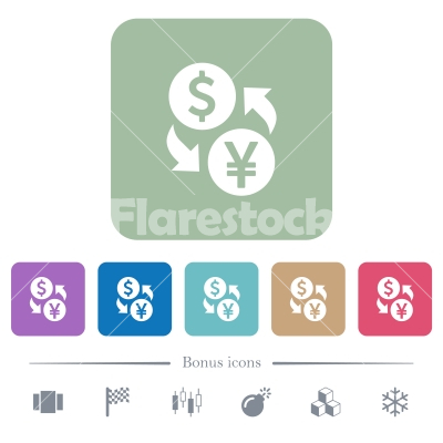 Dollar Yen money exchange flat icons on color rounded square backgrounds - Dollar Yen money exchange white flat icons on color rounded square backgrounds. 6 bonus icons included