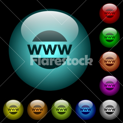 Domain name icons in color illuminated glass buttons - Domain name icons in color illuminated spherical glass buttons on black background. Can be used to black or dark templates