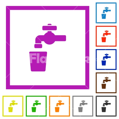 Drinking water flat framed icons - Drinking water flat color icons in square frames on white background