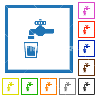 Drinking water flat framed icons - Drinking water flat color icons in square frames on white background