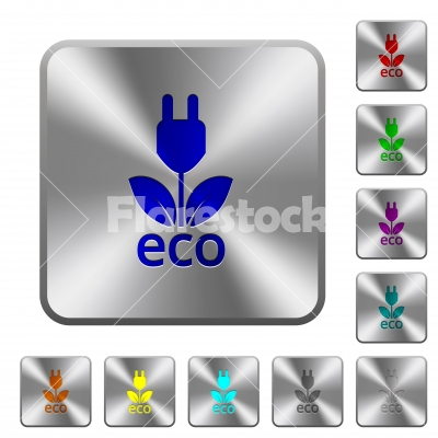 Eco energy rounded square steel buttons - Eco energy engraved icons on rounded square glossy steel buttons