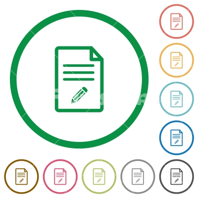 Edit document flat icons with outlines - Edit document flat color icons in round outlines on white background
