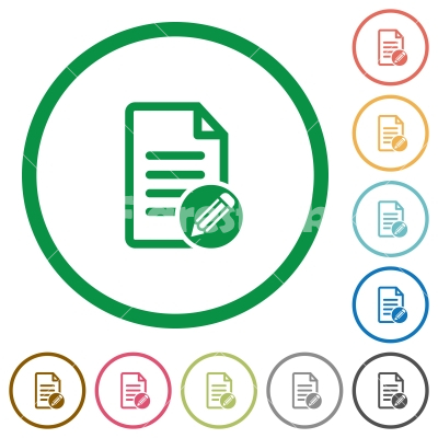 Edit document flat icons with outlines - Edit document flat color icons in round outlines on white background