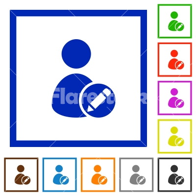 Edit user account flat framed icons - Edit user account flat color icons in square frames on white background