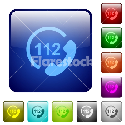 Emergency call 112 color square buttons - Emergency call 112 icons in rounded square color glossy button set