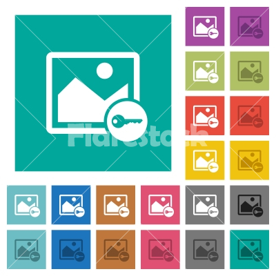 Encrypt image square flat multi colored icons - Encrypt image multi colored flat icons on plain square backgrounds. Included white and darker icon variations for hover or active effects.
