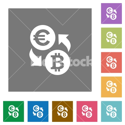 Euro Bitcoin exchange square flat icons - Euro Bitcoin exchange flat icon set on color square background.