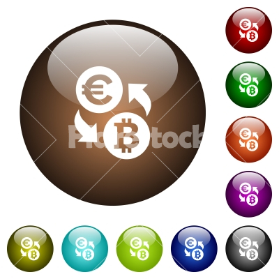 Euro Bitcoin money exchange color glass buttons - Euro Bitcoin money exchange white icons on round color glass buttons
