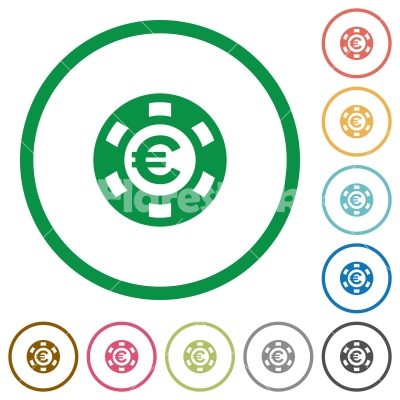 Euro casino chip flat icons with outlines - Euro casino chip flat color icons in round outlines on white background