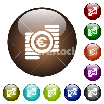 Euro coins color glass buttons - Euro coins white icons on round color glass buttons