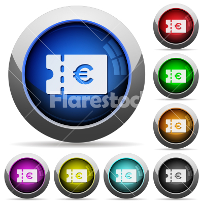 Euro discount coupon round glossy buttons - Euro discount coupon icons in round glossy buttons with steel frames in several colors