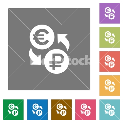 Euro Ruble money exchange square flat icons - Euro Ruble money exchange flat icons on simple color square backgrounds - Free stock vector