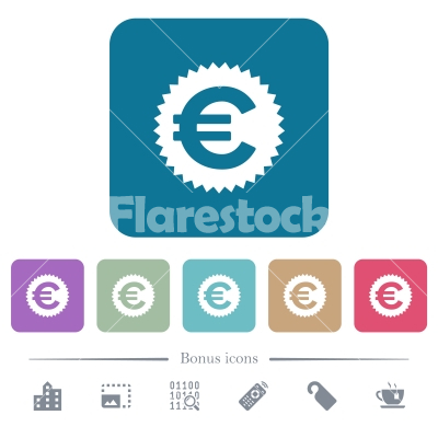 Euro sticker flat icons on color rounded square backgrounds - Euro sticker white flat icons on color rounded square backgrounds. 6 bonus icons included