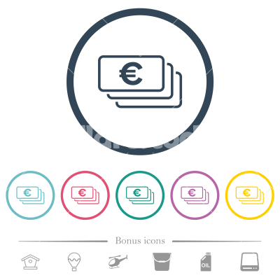 European Euro banknotes outline flat color icons in round outlines - European Euro banknotes outline flat color icons in round outlines. 6 bonus icons included.