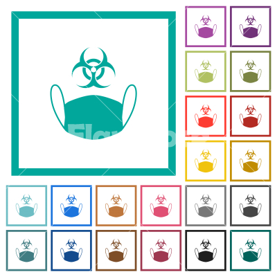 Face mask and biohazard symbol flat color icons with quadrant frames - Face mask and biohazard symbol flat color icons with quadrant frames on white background
