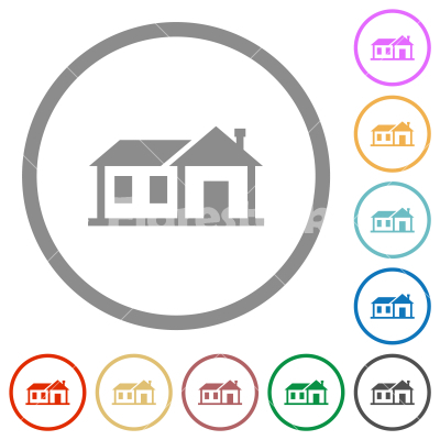 Family house flat icons with outlines - Family house flat color icons in round outlines on white background