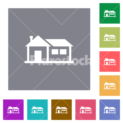Family house square flat icons - Family house flat icons on simple color square backgrounds