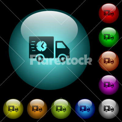 Fast delivery truck icons in color illuminated glass buttons - Fast delivery truck icons in color illuminated spherical glass buttons on black background. Can be used to black or dark templates