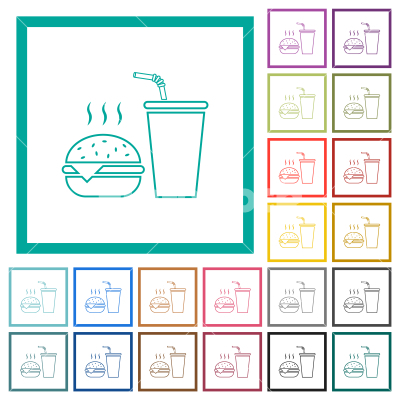 Fast food menu with cheeseburger and drink outline flat color icons with quadrant frames - Fast food menu with cheeseburger and drink outline flat color icons with quadrant frames on white background