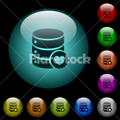 Favorite database icons in color illuminated glass buttons - Favorite database icons in color illuminated spherical glass buttons on black background. Can be used to black or dark templates