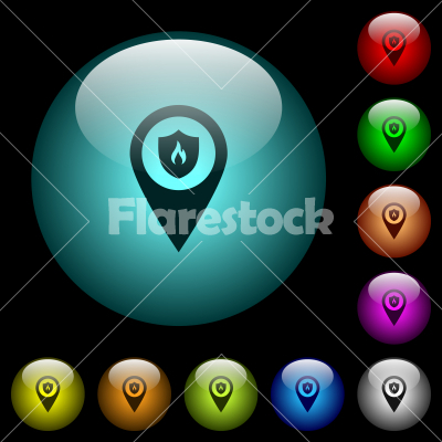 Fire station GPS map location icons in color illuminated glass buttons - Fire station GPS map location icons in color illuminated spherical glass buttons on black background. Can be used to black or dark templates