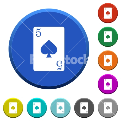 Five of spades card beveled buttons - Five of spades card round color beveled buttons with smooth surfaces and flat white icons