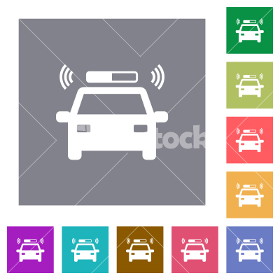 Flashing police car square flat icons - Flashing police car flat icons on simple color square backgrounds
