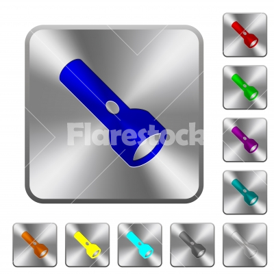 Flashlight rounded square steel buttons - Flashlight engraved icons on rounded square glossy steel buttons