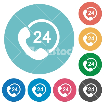Flat 24 hour service icons - Flat 24 hour service icon set on round color background. 8 color variations included with light teme.