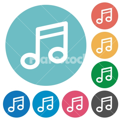 Flat music note icons - Flat music note icon set on round color background. 8 color variations included with light teme.