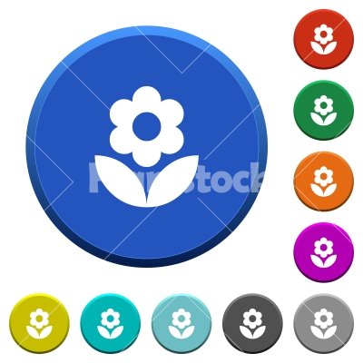 Flower beveled buttons - Flower round color beveled buttons with smooth surfaces and flat white icons