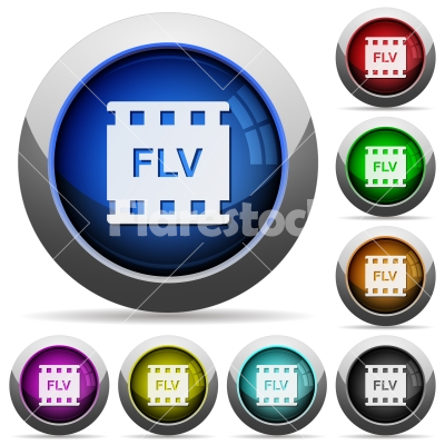 FLV movie format round glossy buttons - FLV movie format icons in round glossy buttons with steel frames