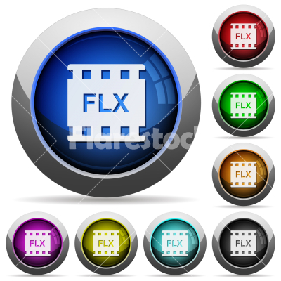 FLX movie format round glossy buttons - FLX movie format icons in round glossy buttons with steel frames in several colors