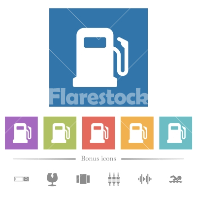 Gas station flat white icons in square backgrounds - Gas station flat white icons in square backgrounds. 6 bonus icons included.