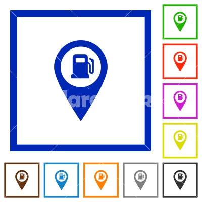 Gas station GPS map location flat framed icons - Gas station GPS map location flat color icons in square frames on white background