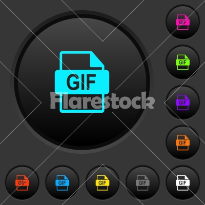 GIF file format dark push buttons with color icons - GIF file format dark push buttons with vivid color icons on dark grey background