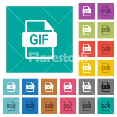 GIF file format square flat multi colored icons - GIF file format multi colored flat icons on plain square backgrounds. Included white and darker icon variations for hover or active effects.