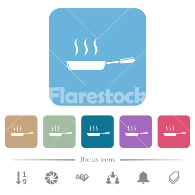 Glossy steaming frying pan side view flat icons on color rounded square backgrounds - Glossy steaming frying pan side view white flat icons on color rounded square backgrounds. 6 bonus icons included