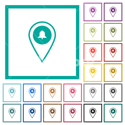 GPS location alarm flat color icons with quadrant frames - GPS location alarm flat color icons with quadrant frames on white background