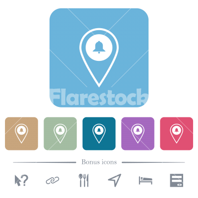 GPS location alarm flat icons on color rounded square backgrounds - GPS location alarm white flat icons on color rounded square backgrounds. 6 bonus icons included