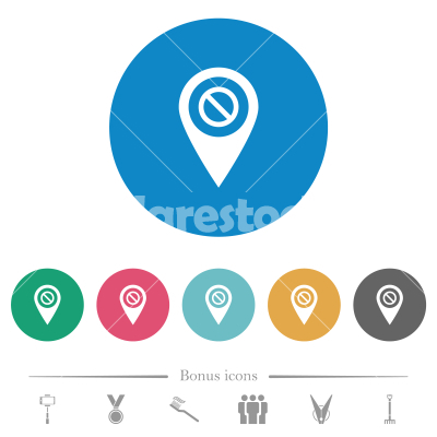 GPS location disabled flat round icons - GPS location disabled flat white icons on round color backgrounds. 6 bonus icons included.