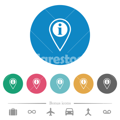 GPS location info flat round icons - GPS location info flat white icons on round color backgrounds. 6 bonus icons included.