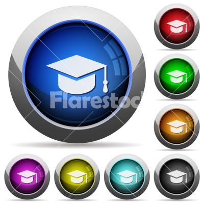 Graduate cap round glossy buttons - Graduate cap icons in round glossy buttons with steel frames