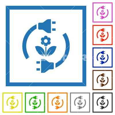 Green energy flat framed icons - Green energy flat color icons in square frames on white background