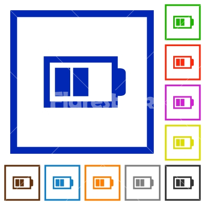 Half battery framed flat icons - Set of color square framed half battery flat icons