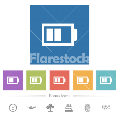 Half battery with two load units flat white icons in square backgrounds - Half battery with two load units flat white icons in square backgrounds. 6 bonus icons included.