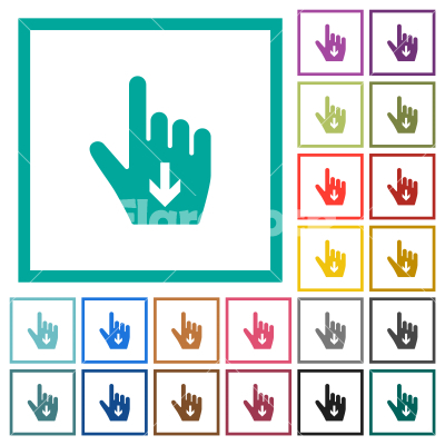 Hand cursor down solid flat color icons with quadrant frames - Hand cursor down solid flat color icons with quadrant frames on white background