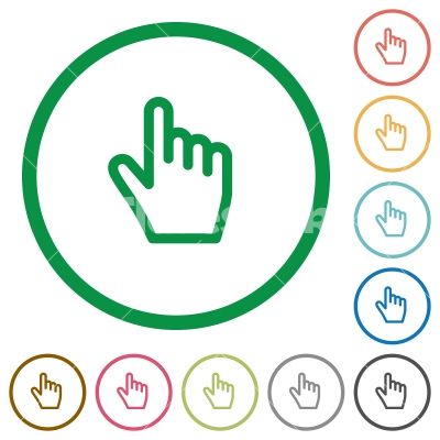 Hand cursor flat icons with outlines - Hand cursor flat color icons in round outlines on white background
