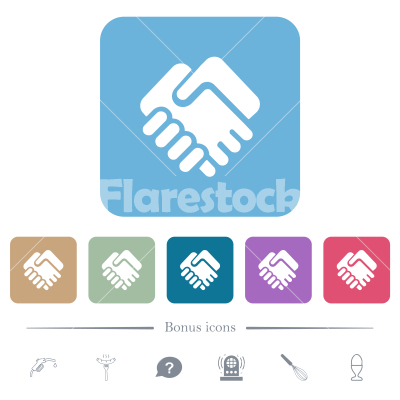 Handshake solid flat icons on color rounded square backgrounds - Handshake solid white flat icons on color rounded square backgrounds. 6 bonus icons included
